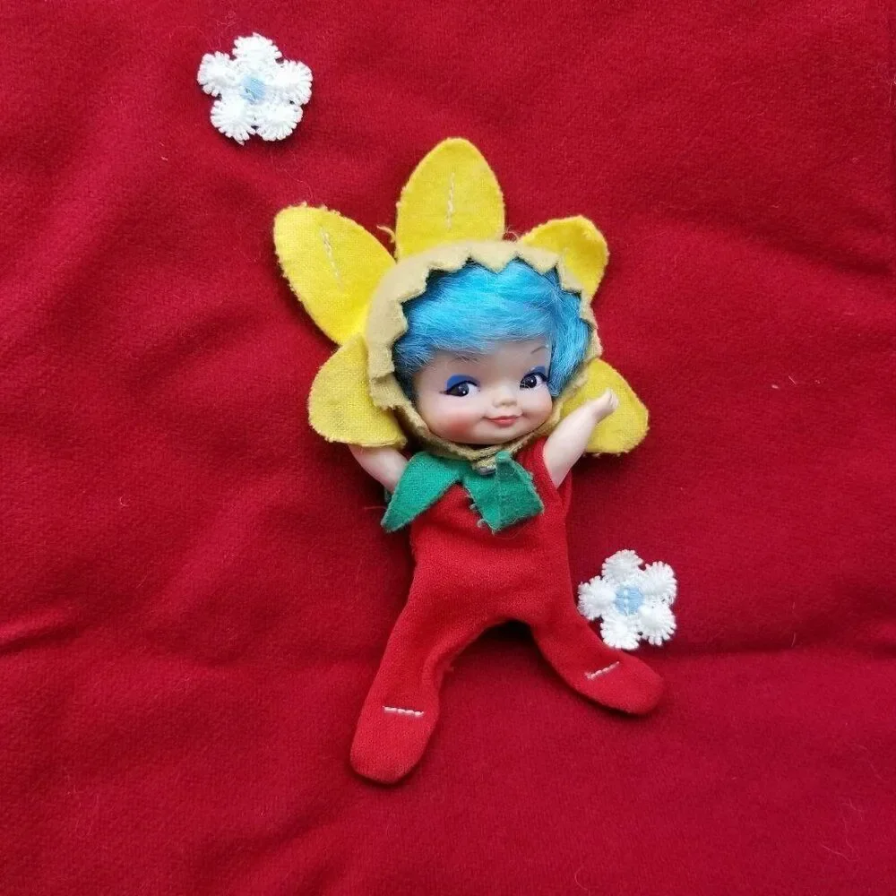 Vintage 60s Kitsch Large Christmas Red Stocking Pixie Blue Hair Hat Bells